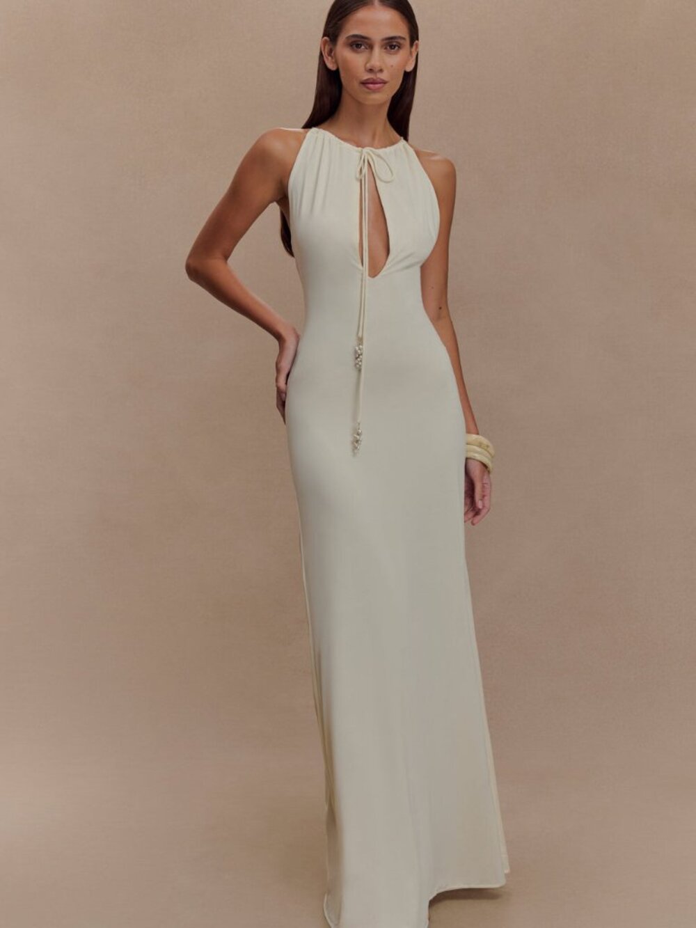 Meshki Slinky Maxi Dress With Pearls - Ivory
